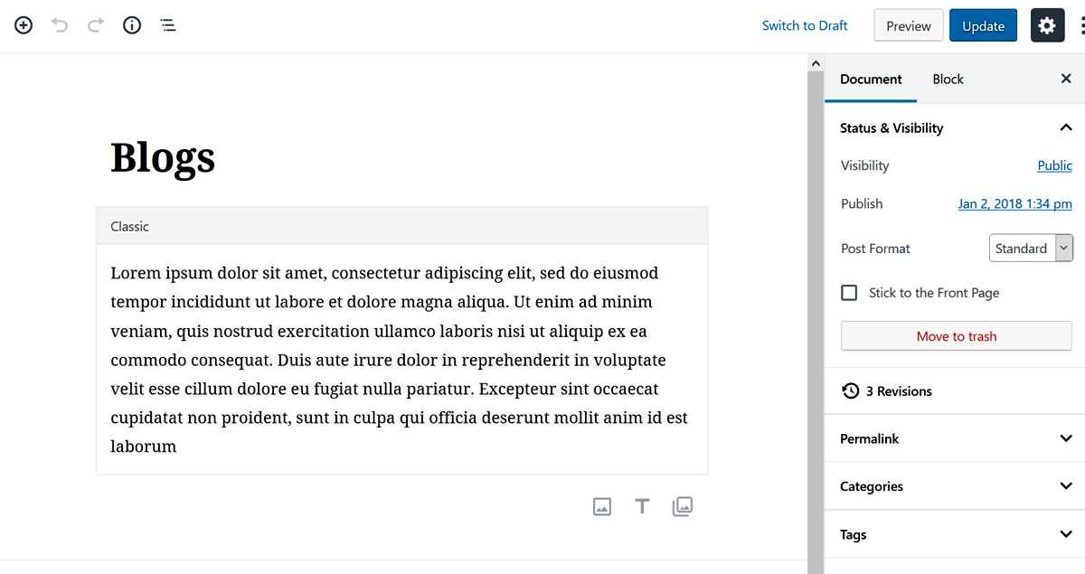 Screen with Gutenberg editor on